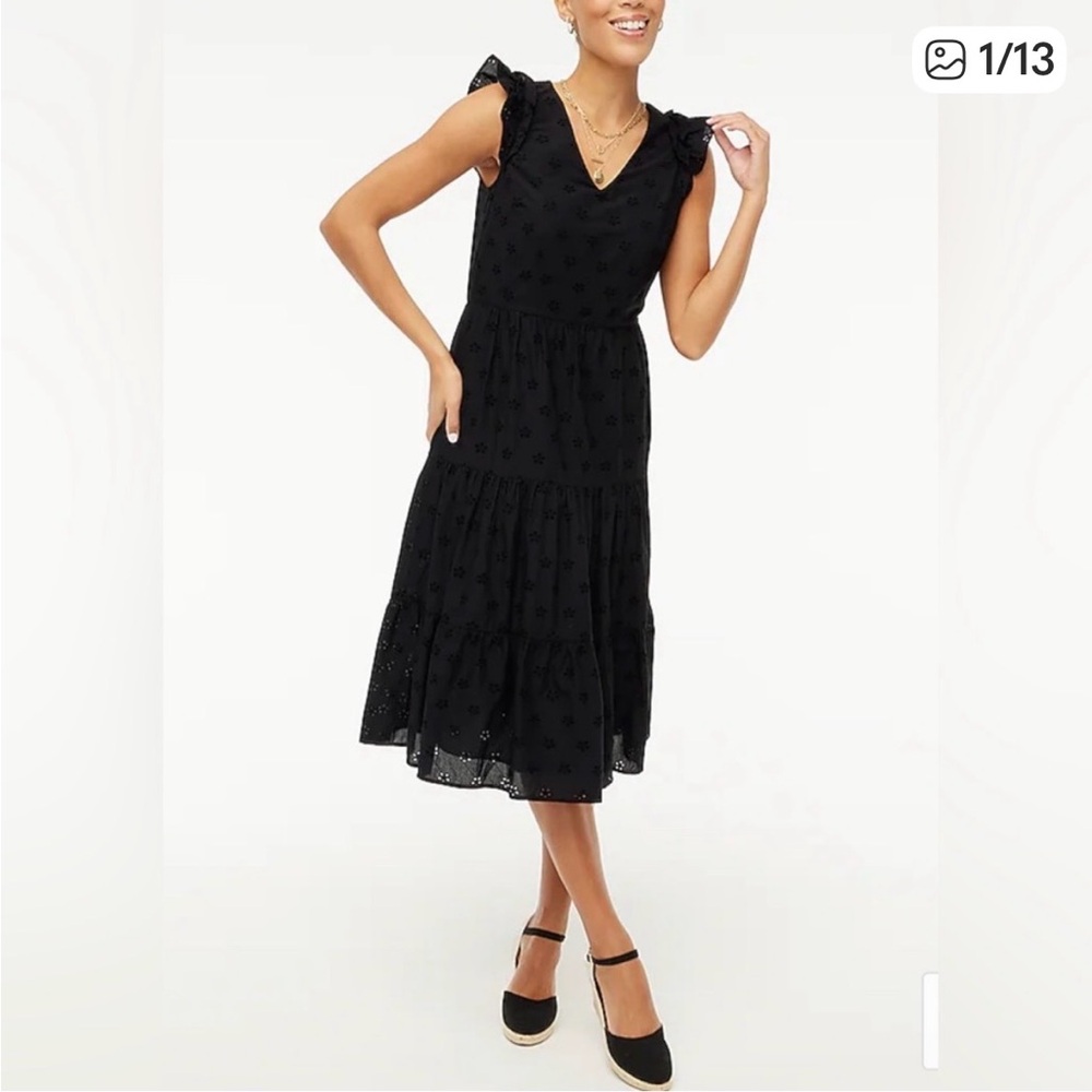 J. Crew Black Midi Dress with Ruffle Sleeves